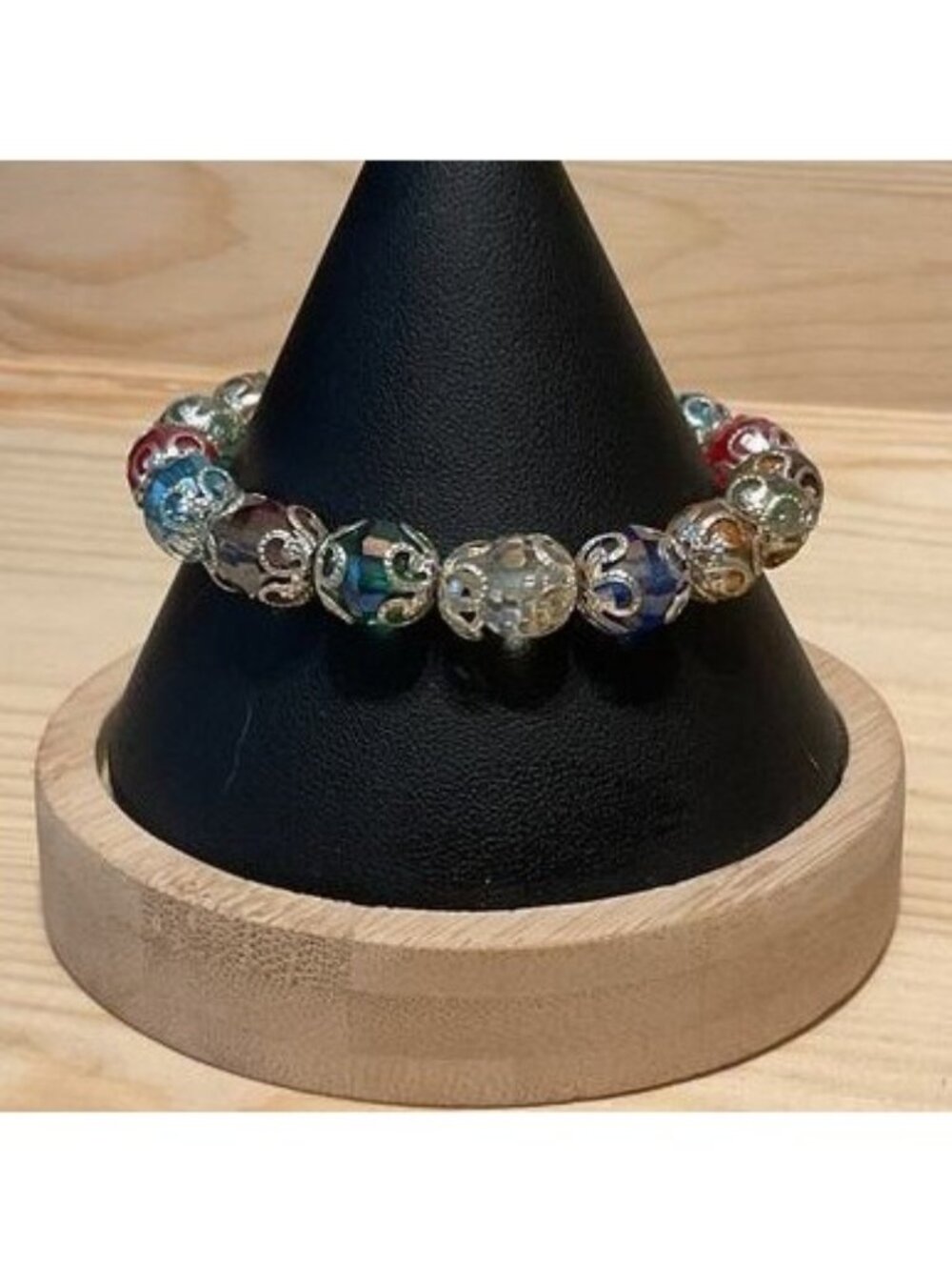 Vintage Faceted AB Rainbow Glass Bead Filigree Cap Elastic Stretch Bracelet